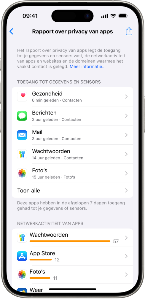 Een privacyrapport met informatie over apps voor de categorie 'Toegang tot gegevens en sensors' en informatie over apps voor de categorie 'Netwerkactiviteit van apps'.