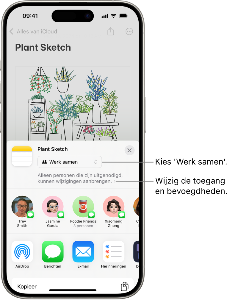 Een uitnodiging om samen te werken aan een tekening in Notities, met 'Werk samen' als deeloptie en 'Alleen personen die zijn uitgenodigd, kunnen wijzigingen aanbrengen' als de instelling voor toegang en bevoegdheden. Daaronder staat een rij met vier mogelijke ontvangers, waaronder een groep. Op de onderste rij staan verschillende manieren om de notitie te delen: AirDrop, Berichten, Mail en Freeform.