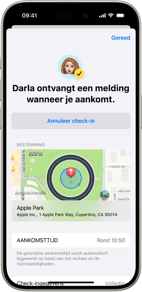 Een check‑inscherm waarop staat aangegeven dat iemand anders over 14 minuten een melding krijgt. Daaronder staan opties om de tijd te verlengen of de check‑in te annuleren. Onderin staat een kaart met de huidige locatie.