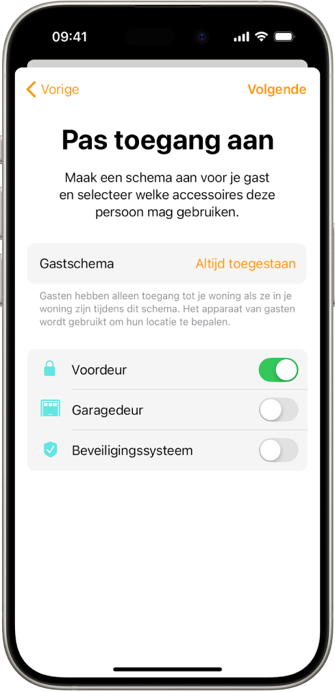 Het scherm 'Pas toegang aan' in de Woning-app. Boven in het scherm staat het gastschema en daaronder staan accessoires waartoe de gast wel of geen toegang heeft.