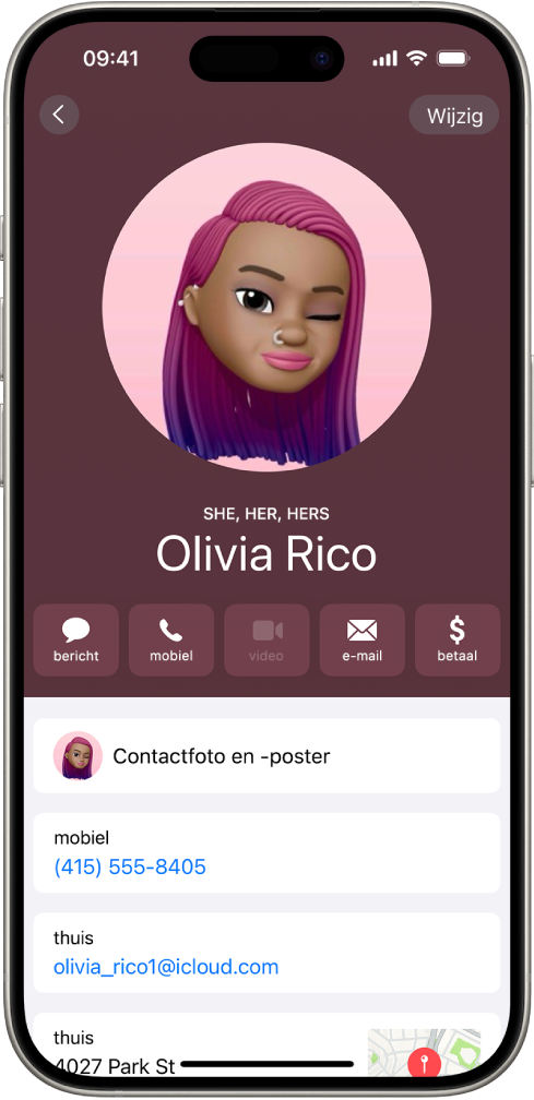 Een contactpersoon met de naam Olivia Rico met verwijswoorden onder de contactfoto. Onder haar naam worden knoppen weergegeven om een bericht te sturen, te bellen, te e‑mailen en Apple Pay te gebruiken. Onder in het scherm worden het mobiele telefoonnummer en het e‑mailadres van de contactpersoon weergegeven.