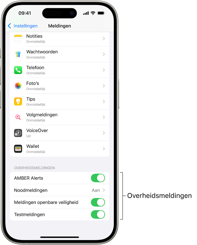 Het meldingenscherm met de overheidsmeldingen die je kunt inschakelen om overheidsmeldingen te ontvangen.
