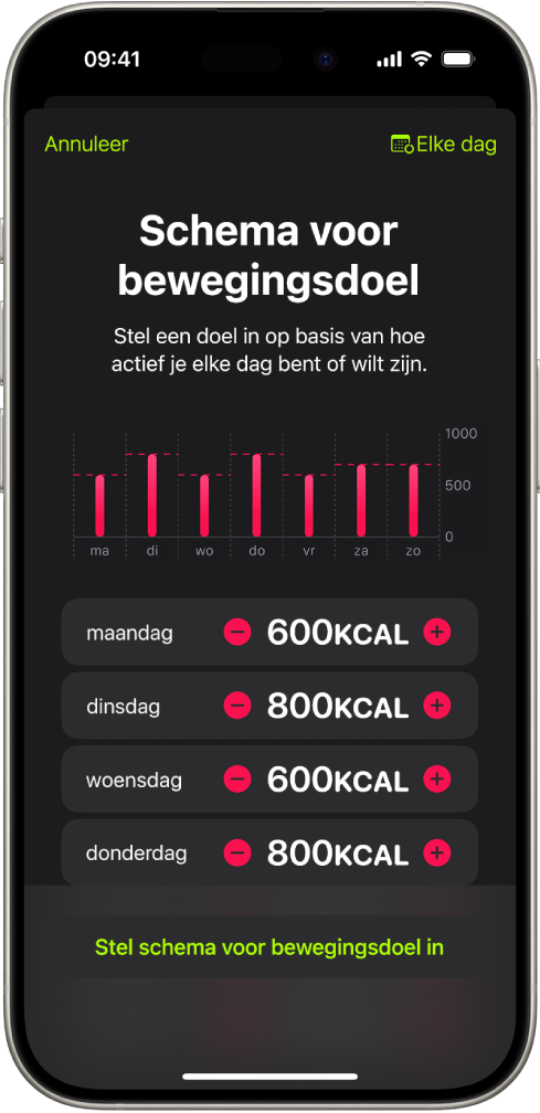 Het scherm met het bewegingsdoelschema in Conditie, met knoppen om het bewegingsdoel per dag van de week te verhogen of te verlagen.