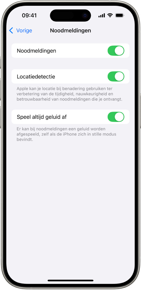 Het noodmeldingenscherm waarin de opties 'Noodmeldingen', 'Locatiedetectie' en 'Speel altijd geluid af' zijn ingeschakeld.