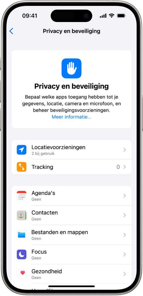 Het scherm van 'Privacy en beveiliging', met instellingen voor locatievoorzieningen en tracking, en instellingen waarmee je bepaalt welke apps toegang tot je gegevens hebben.