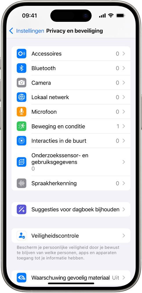 Het scherm van 'Privacy en beveiliging', met instellingen waarmee je bepaalt of apps toegang hebben tot de camera, microfoon en andere onderdelen van je iPhone.