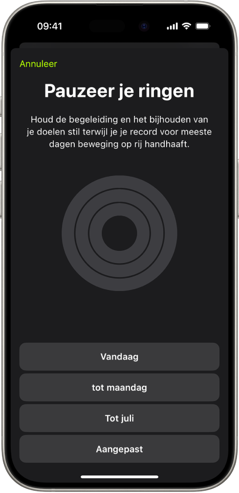 Het scherm 'Pauzeer je ringen' in Conditie, met opties om je activiteitsringen te pauzeren.