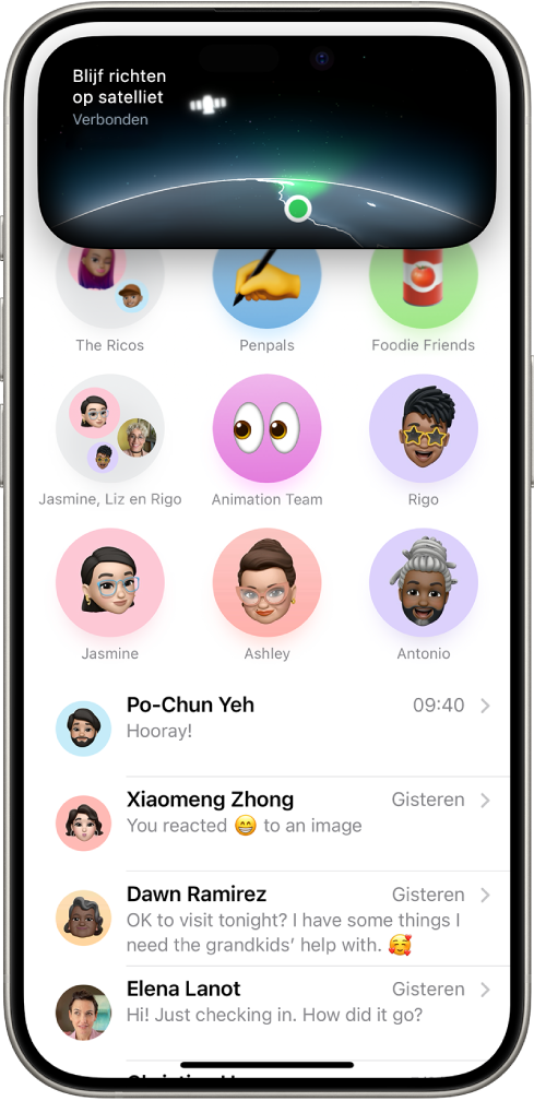 De vraag om via satelliet verbinding te maken, die verschijnt wanneer je de Berichten-app opent op een iPhone 14 of nieuwer en buiten het bereik van een mobiel of wifinetwerk bent.