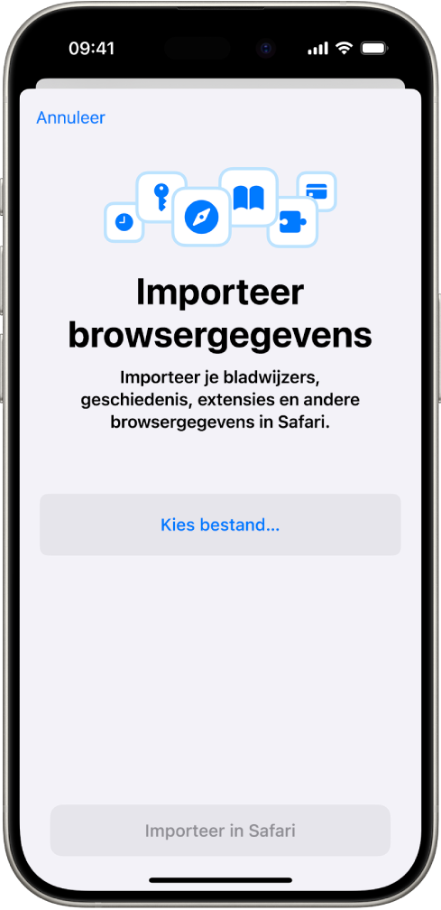 Het scherm voor het importeren van browsergegevens, met gegevens die vanuit een andere browser in Safari worden geïmporteerd.