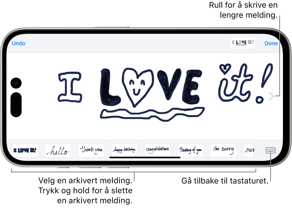 Lerretet for å lage en håndskrevet melding. Nederst, fra venstre mot høyre, vises arkiverte håndskrevne objekter samt Tastatur-knappen.