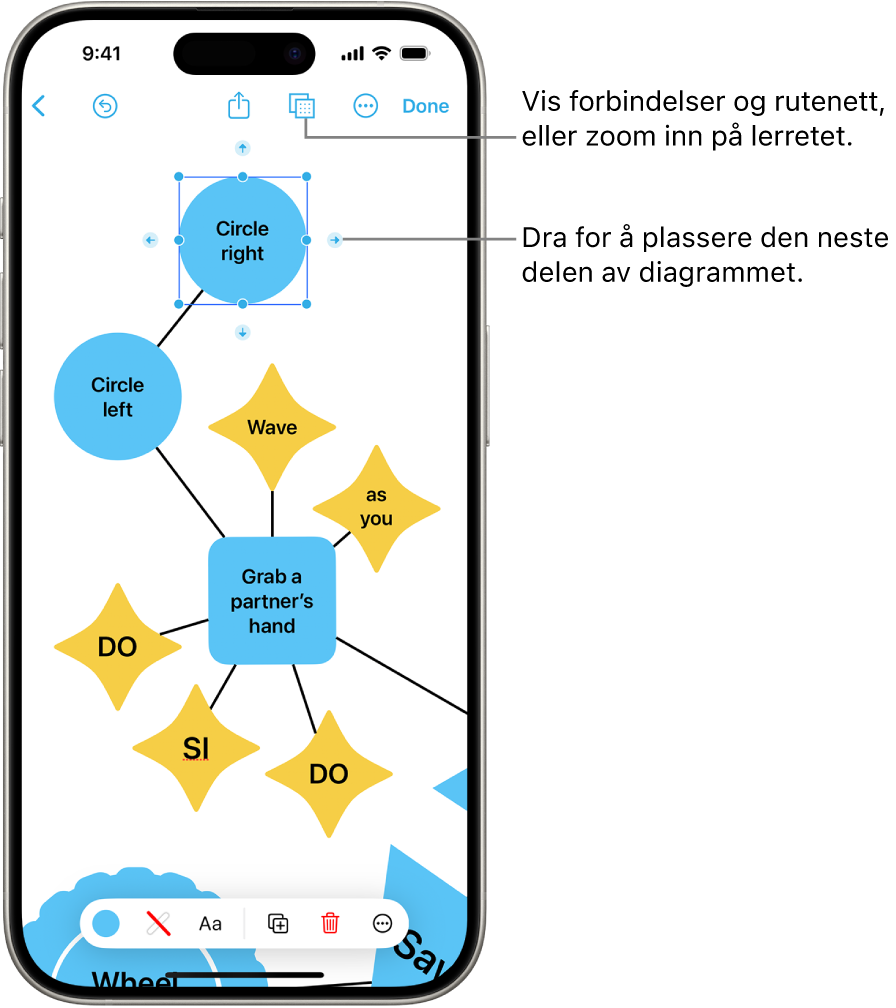 Et diagram på en Freeform-tavle med forbindelser som vises på en markert figur, og figurformateringsverktøyene vises nederst på skjermen.