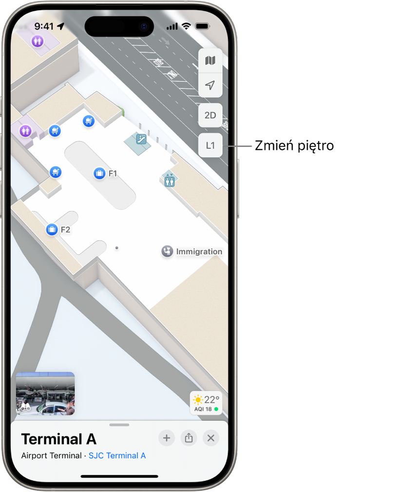 Mapa wnętrza terminalu lotniska. Widoczne jest miejsce kontroli imigracyjnej, schody, toalety oraz punkt pierwszej pomocy. Przycisk z oznaczeniem L1 pozwala zmieniać wyświetlane piętra w przypadku map obejmujących obiekty wielopiętrowe.