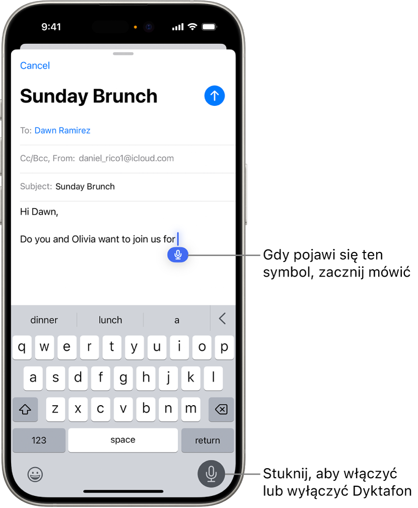 Klawiatura ekranowa otwarta w aplikacji Poczta. Przycisk Dyktowanie znajdujący się w prawym dolnym rogu ekranu jest zaznaczony. W polu tekstowym pod punktem wstawiania widoczny jest przycisk Dyktowanie.