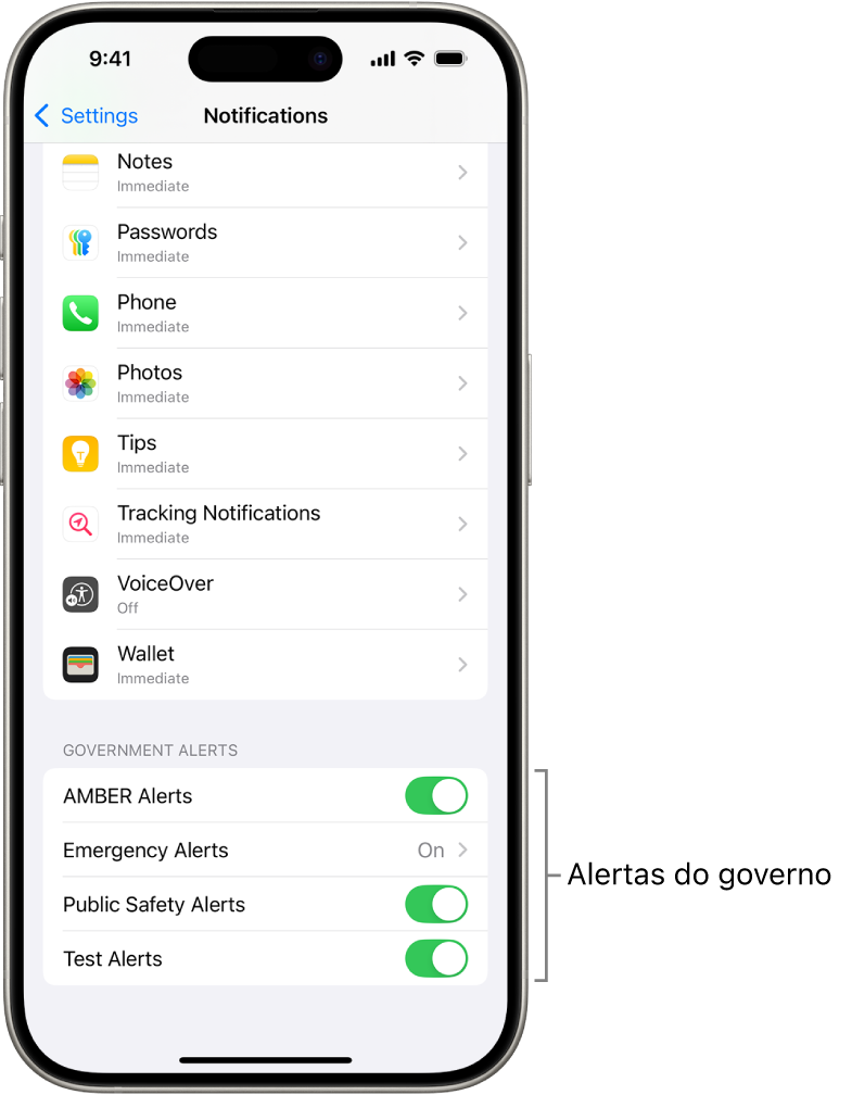 O ecrã “Notificações” a mostrar os “Alertas do governo”, que pode ativar para receber alertas do governo.