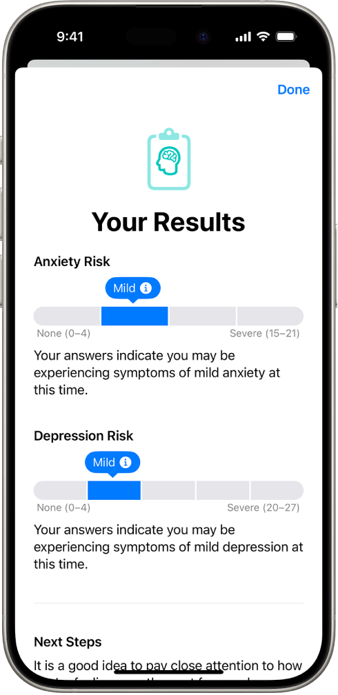 Um ecrã na aplicação Saúde que mostra os resultados de um questionário de saúde mental.