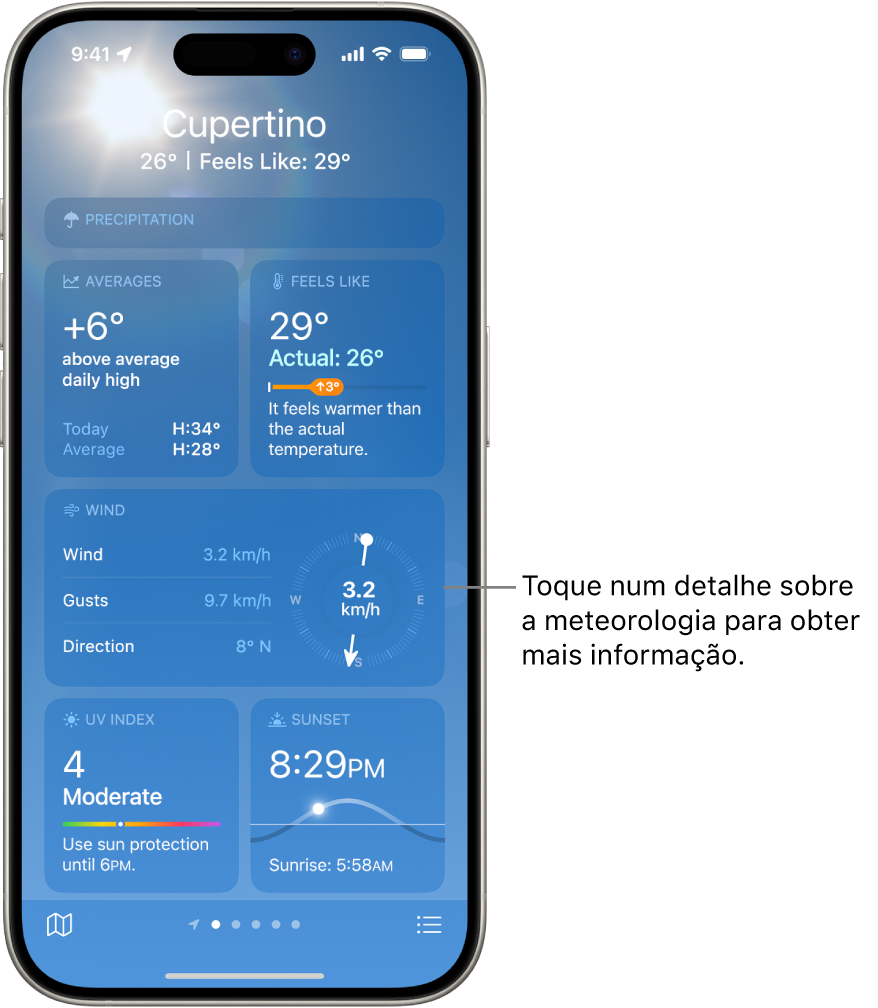 O ecrã da aplicação Meteorologia mostra a localização na parte superior e, por baixo, a temperatura atual e o estado do tempo. O resto do ecrã contém detalhes do estado do tempo para os seguintes elementos: qualidade do ar, precipitação, índice UV e pôr do sol.