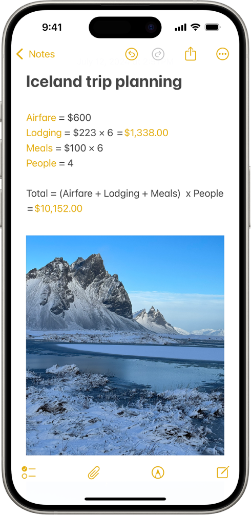 Uma nota para planear uma viagem, com um cálculo das despesas de viagem e uma fotografia.
