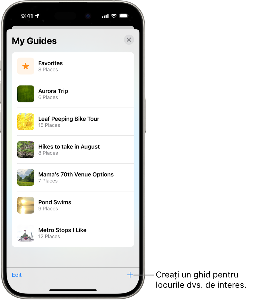 O listă cu mai multe ghiduri personalizate în aplicația Hărți, inclusiv o categorie Favorite și butonul Ghid nou în dreapta jos.
