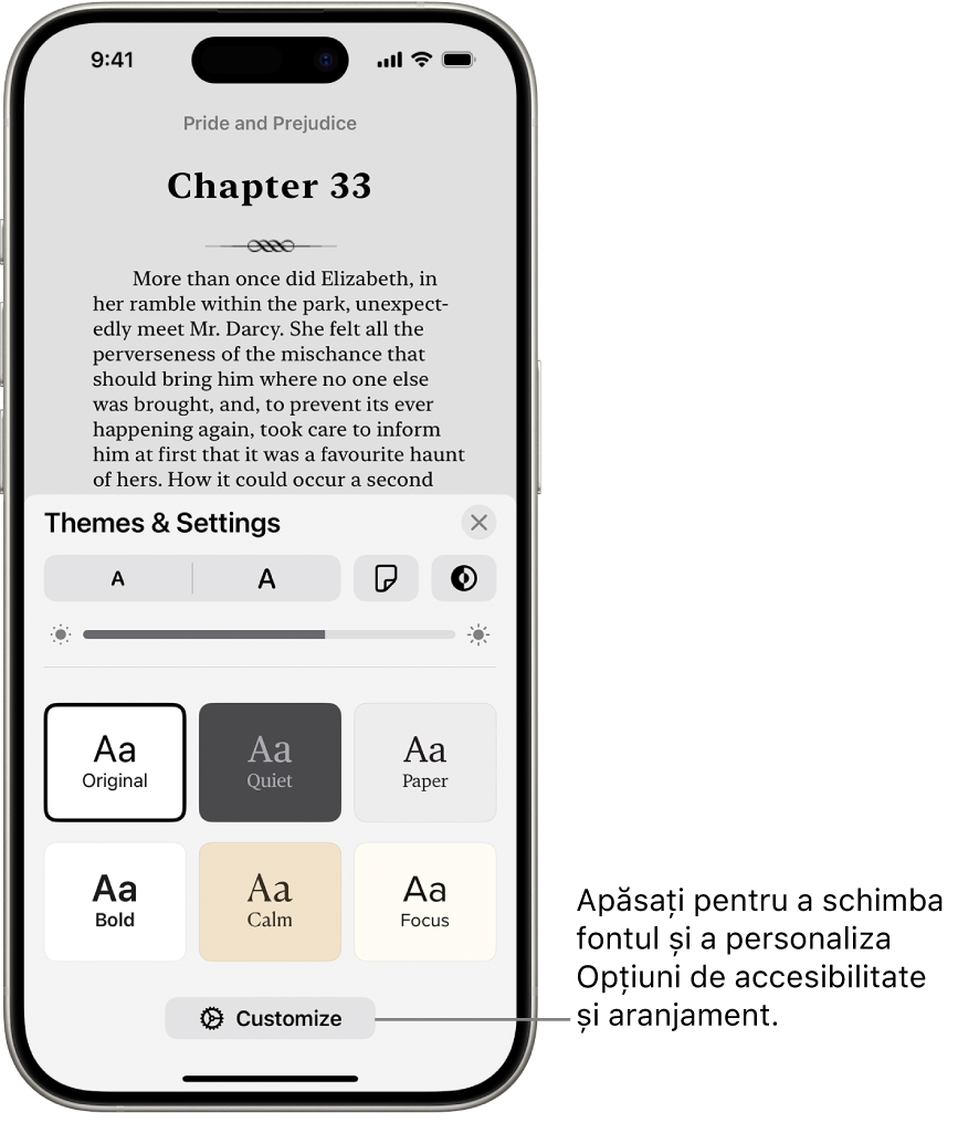 O pagină dintr-o carte în aplicația Cărți. Opțiunile Teme și Configurări afișează comenzi pentru dimensiunea fontului, afișarea derulabilă, stilul de întoarcere a paginilor, luminozitate și stilurile de font.