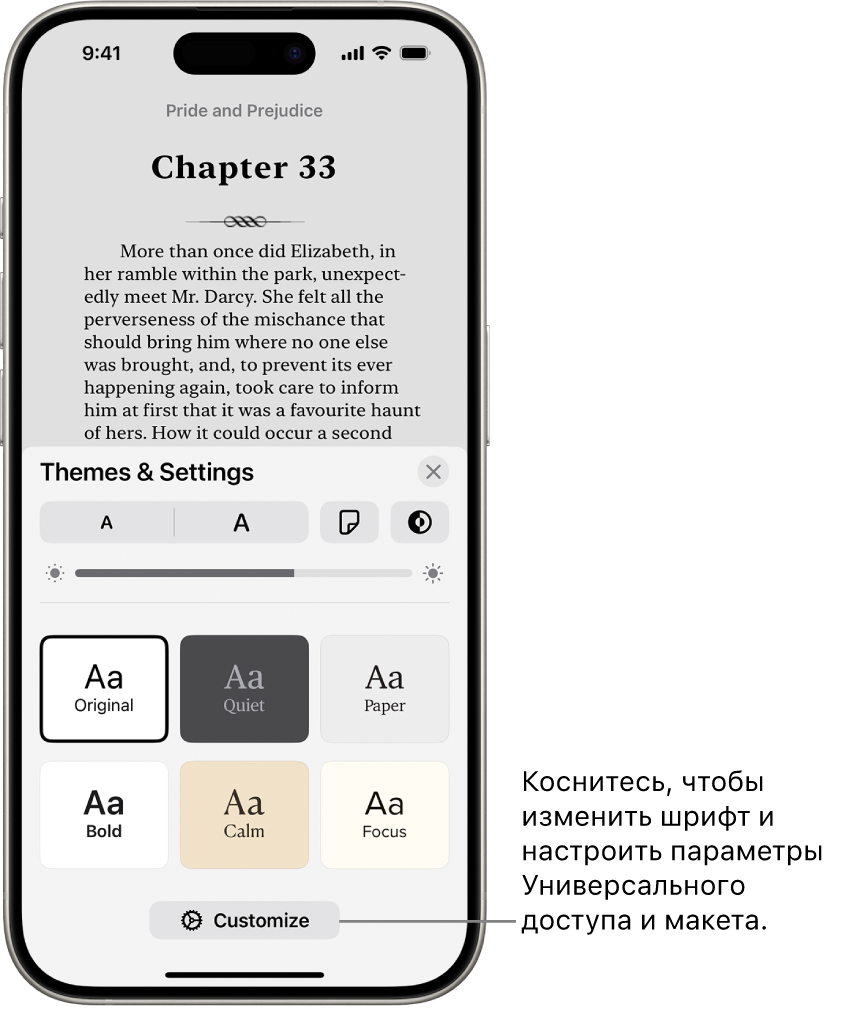Страница книги в приложении «Книги». В параметрах «Темы и настройки» показаны элементы управления размером шрифта, прокруткой, стилем перелистывания страниц, яркостью и стилями шрифта.
