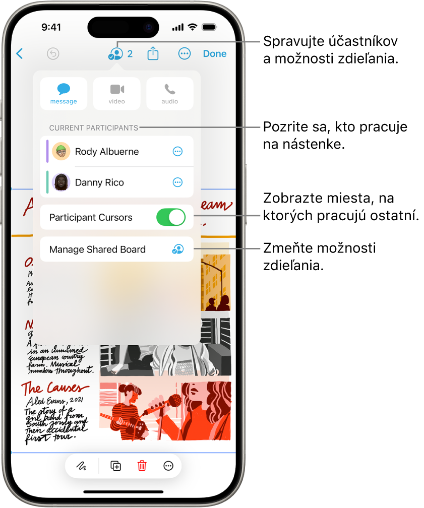 Zdieľaná nástenka v apke Freeform na iPhone so zobrazeným menu spolupráce.