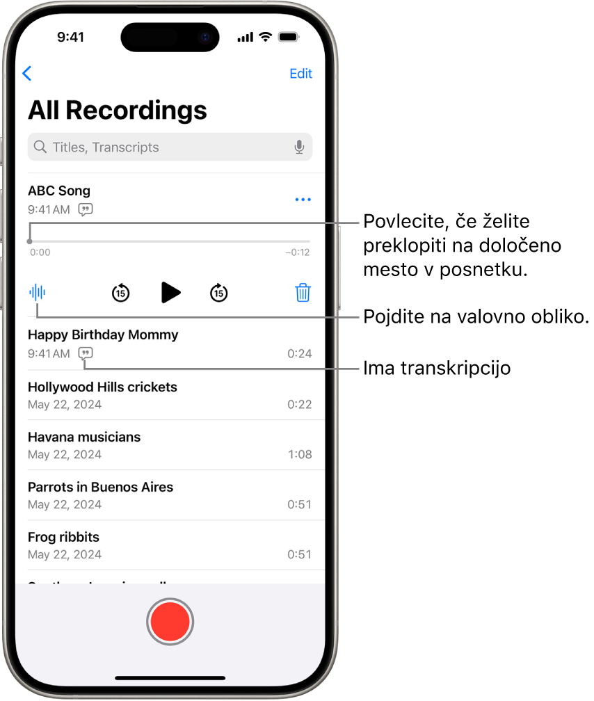 Zaslon seznama Glasovni zapiski, na vrhu katerega je prikazan izbrani posnetek. Časovnica posnetka ima drsnik, ki ga lahko povlečete na točno določeno mesto v posnetku. Upravljalni elementi predvajanja so pod časovnico.