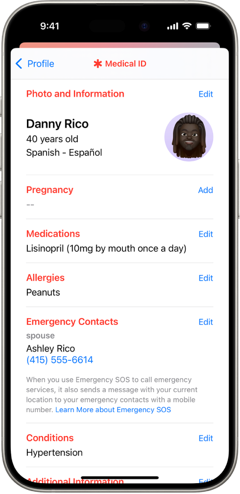 Një ekran Medical ID me informacion duke përfshirë ditëlindjen, mjekimet, alergjitë, kontaktet e urgjencës dhe problemet mjekësore.