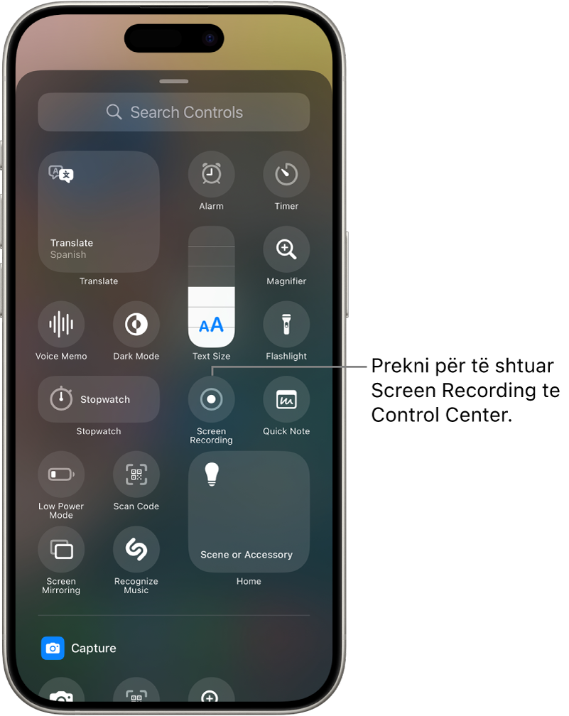 Galeria e kontrolleve, me butonin Screen Recording në mes të ekranit.