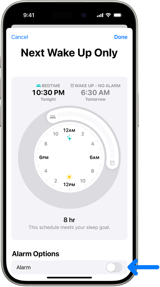 Екран Next Wake Up Only у апликацији Health са искљученим алармом на дну екрана.