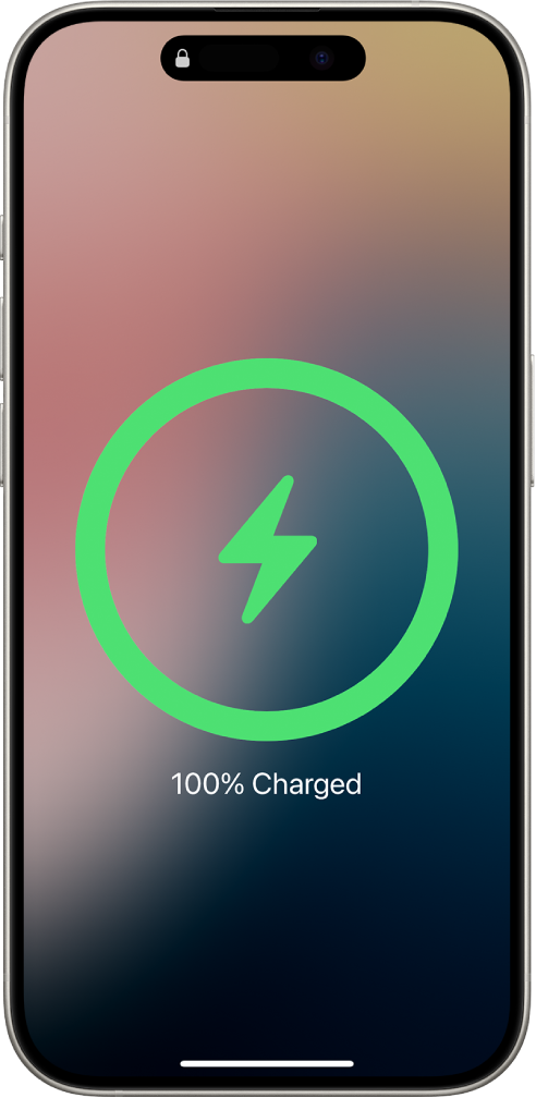 En iPhone-skärm visar batteriet laddat till 100 %.