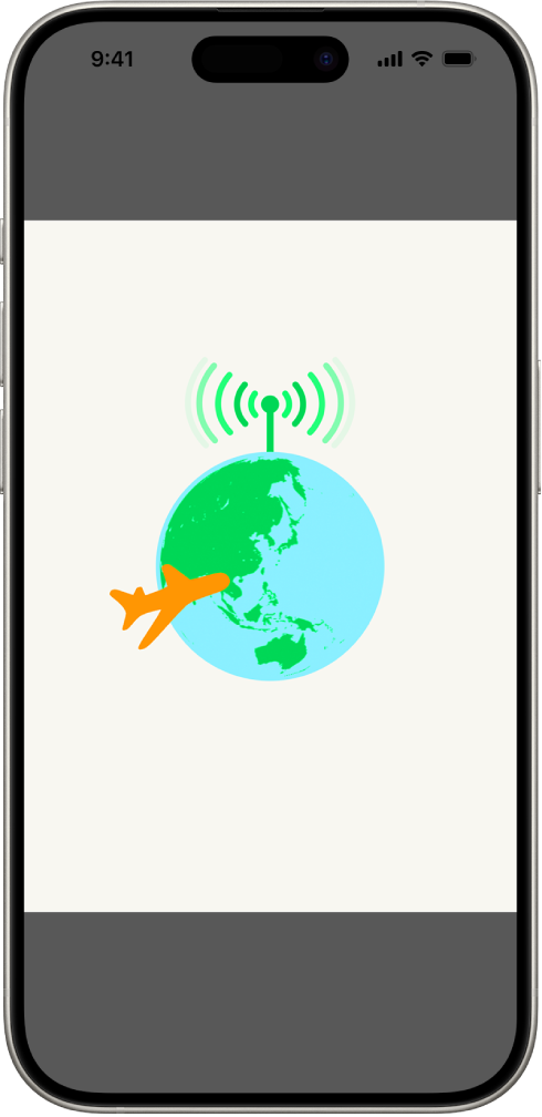 En iPhone-skärm med en illustration av jordklotet. Överst på globen finns en radiosignal och ett flygplan flyger runt klotet.