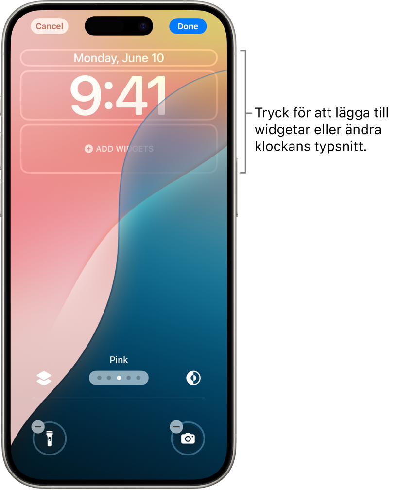 En anpassad låsskärm som redigeras. Element som är tillgängliga för anpassning är markerade – datum, tid och en knapp för att lägga till widgetar.