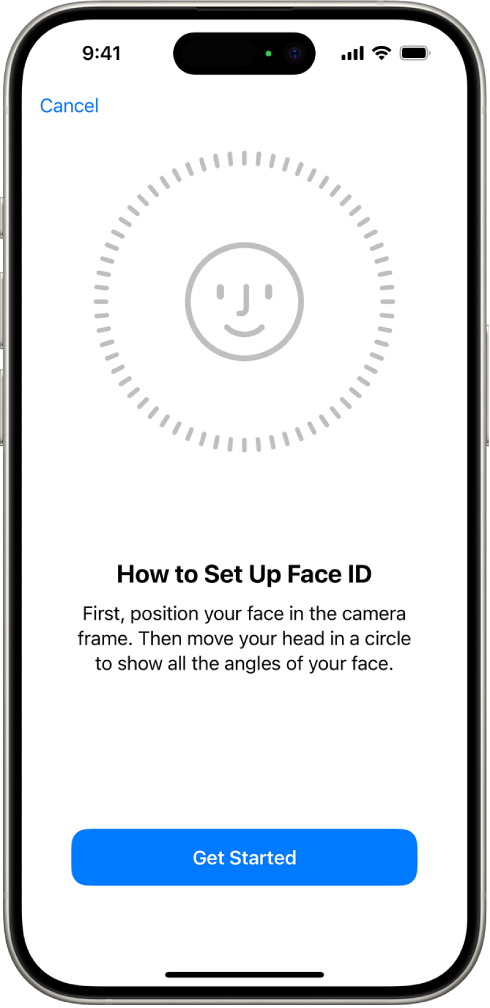 หน้าต่างการตั้งค่าการจำ Face ID บนหน้าจอมีใบหน้าแสดงอยู่ ซึ่งล้อมรอบด้วยวงกลม ข้อความด้านล่างใบหน้าแนะนำให้ผู้ใช้เคลื่อนศีรษะอย่างช้าๆ เพื่อให้ครบรอบวงกลม