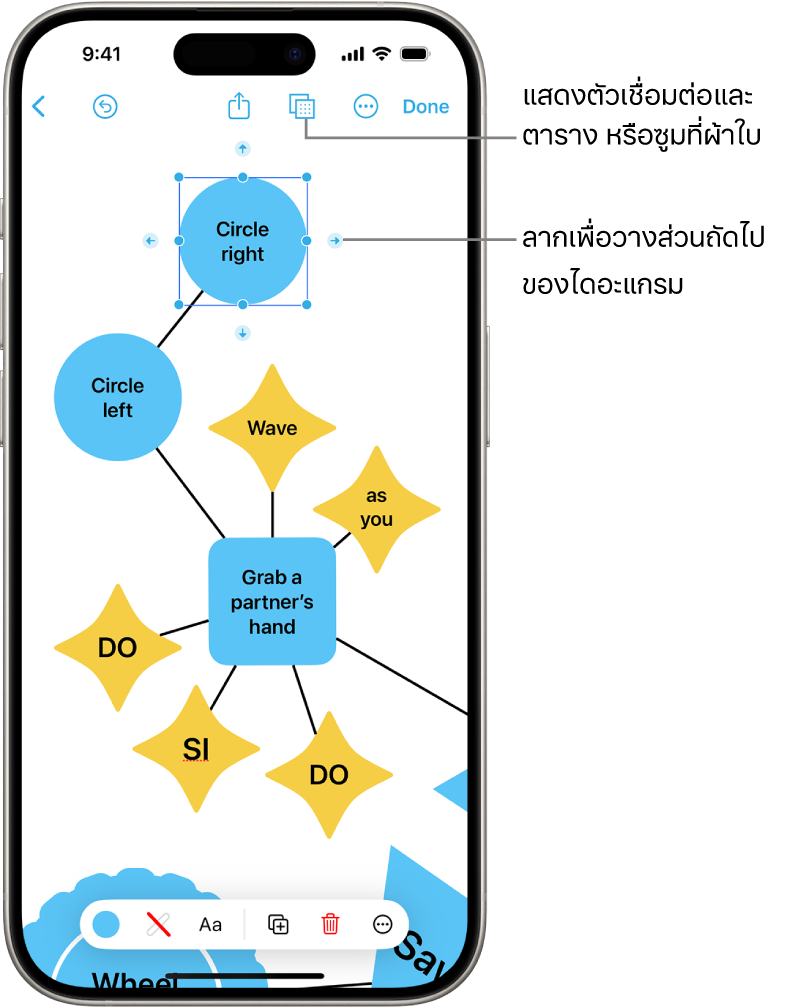 ไดอะแกรมบนบอร์ด Freeform ที่มีจุดเชื่อมต่อที่แสดงบนรูปร่างที่เลือกและเครื่องมือการจัดรูปแบบรูปร่างแสดงให้เห็นที่ด้านล่างสุดของหน้าจอ