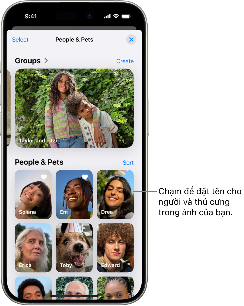 Bộ sưu tập Người & Thú cưng trong ứng dụng Ảnh. Các nhóm xuất hiện ở trên cùng còn người và thú cưng được liệt kê bên dưới.
