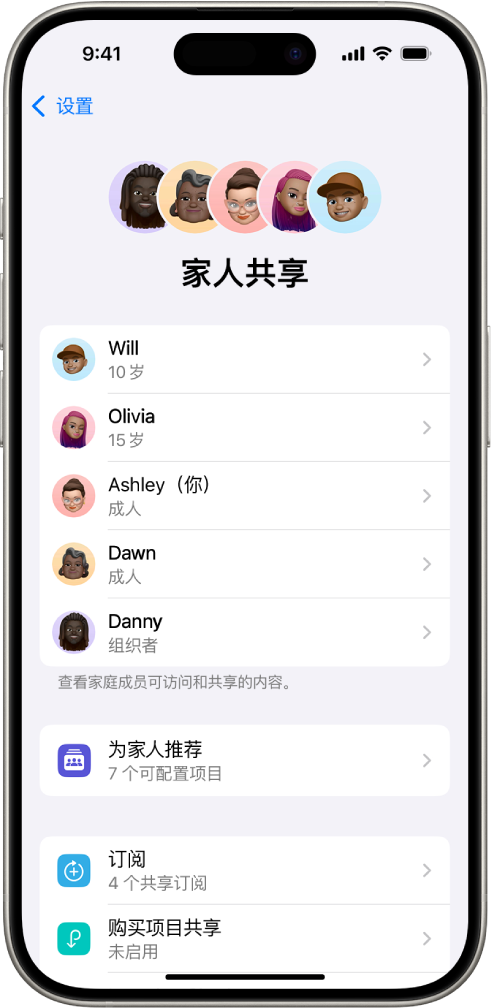 “设置”中的“家人共享”屏幕。列出了五位家庭成员。其姓名下方是“家人共享核对清单”，其下方是“订阅”和“购买项目共享”选项。
