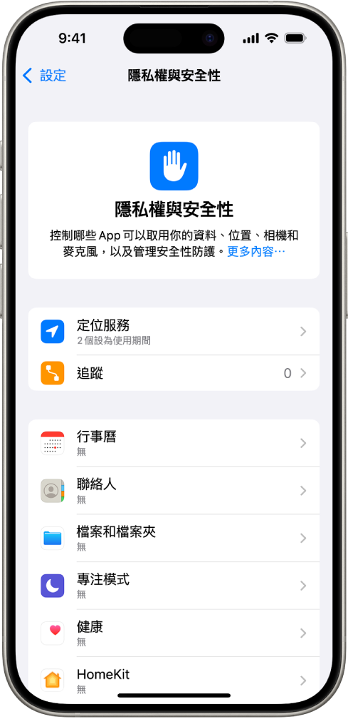 「隱私權與安全性」畫面，顯示「定位服務」和「追蹤」設定，以及控制哪些 App 可以取用你資料的設定。