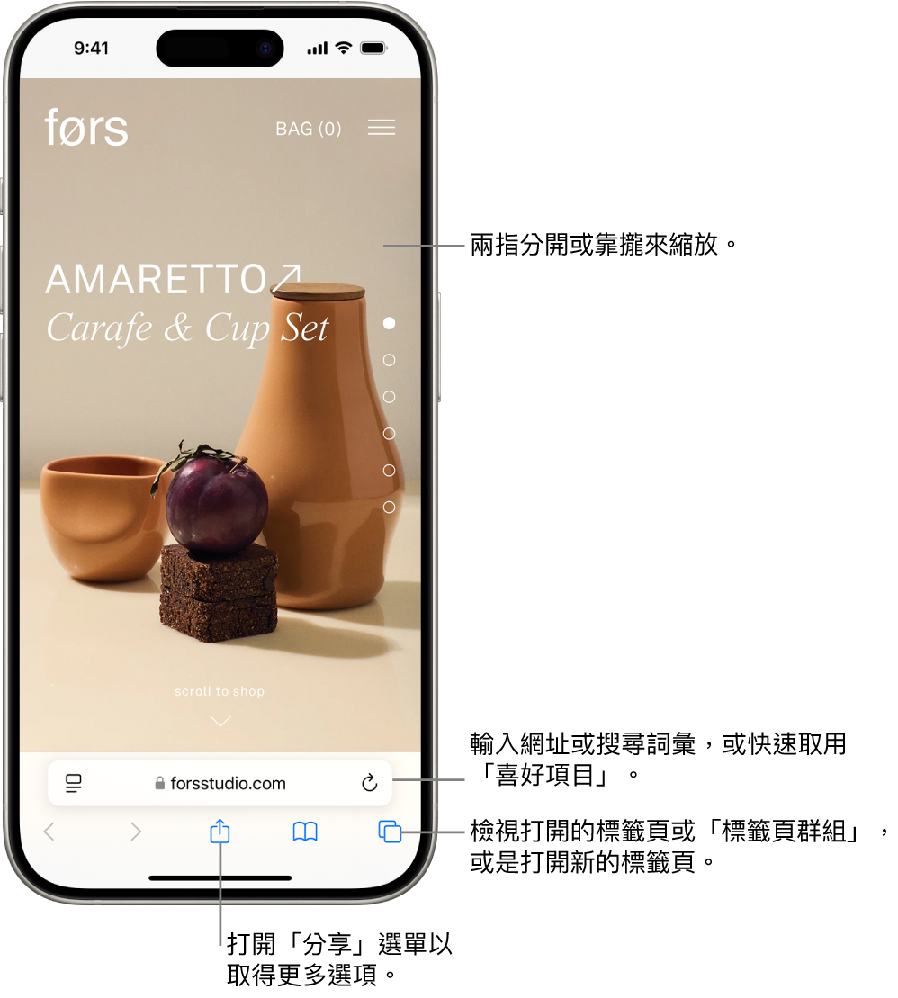 一個網站在 Safari 中打開，底部顯示網址欄位。底部從左至右為「返回」、「往前」、「分享」、「書籤」和「標籤頁」按鈕。