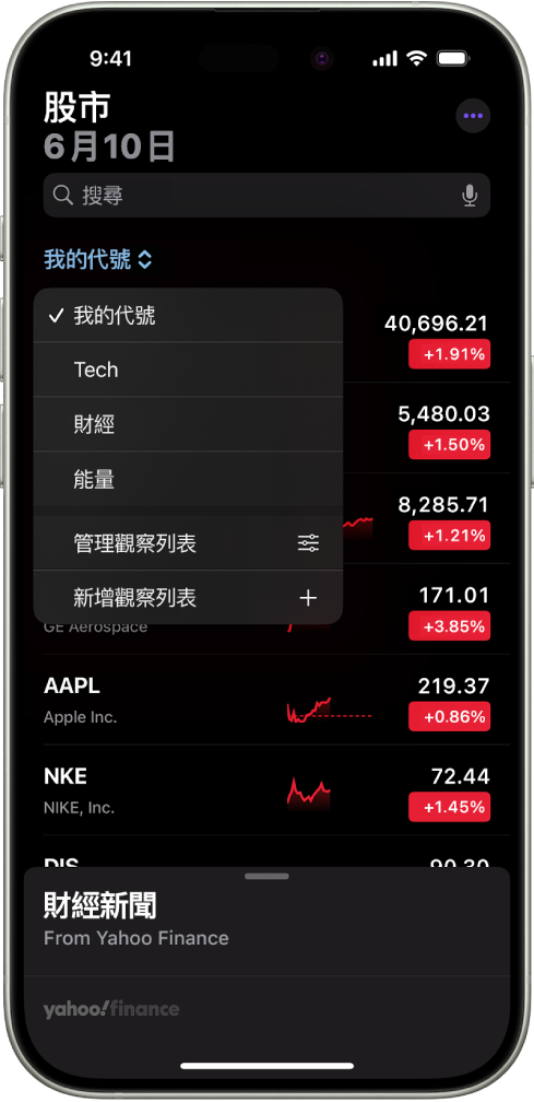 在「股市」App 觀察列表顯示不同股票的列表。列表中的每個股票由左至右顯示以下內容：股票代號和名稱、表現圖表、股價和價格更動。螢幕頂端的「我的代號」觀察列表已選取，且下列觀察列表和選項可供使用：「科技」、「財經」、「能源」、「管理觀察列表」和「新增觀察列表」。