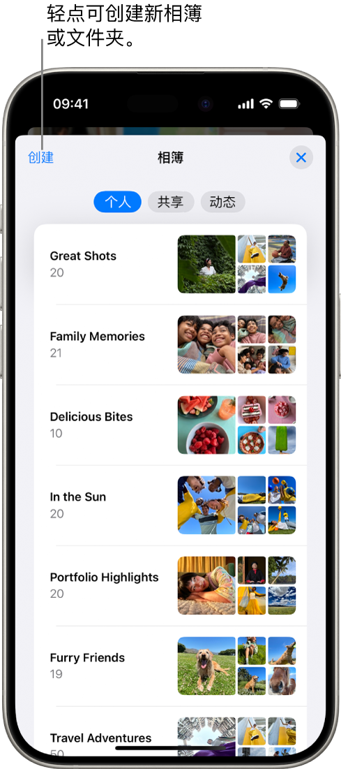 “照片” App 中打开了“相簿”。“个人”标签页已选中；其下方是相簿列表。