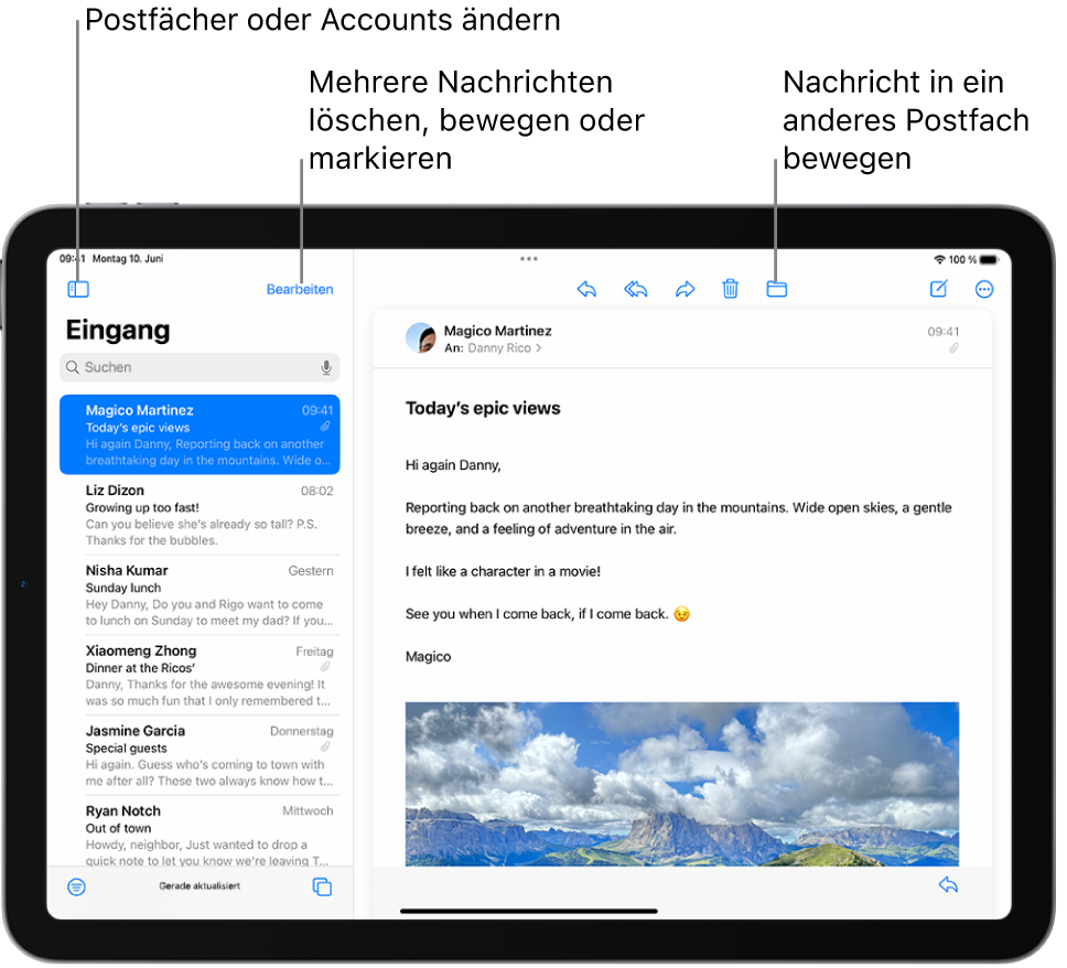 Der Posteingang der App „Mail“ mit einer E-Mail-Liste auf der linken Seite und einer geöffneten E-Mail auf der rechten Seite.