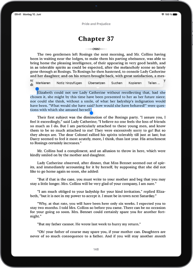 Eine Buchseite in der App „Bücher“. Ein Teil des Texts auf der Seite ist ausgewählt. Die Tasten „Markieren“, „Notiz hinzufügen“, „Übersetzen“, „Suchen“, „Kopieren“ und „Teilen“ werden über dem ausgewählten Text angezeigt.