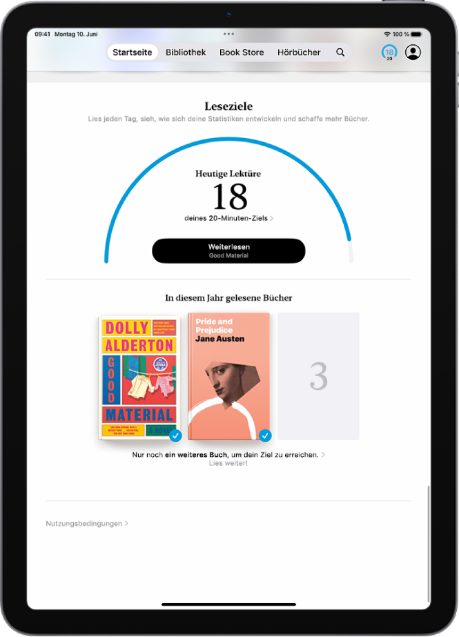 Der Bildschirm „Leseziele“ mit Benutzerstatistiken wie der heutigen Leseaktivität, dem wöchentlichen Leserekord und den in diesem Jahr gelesenen Büchern.