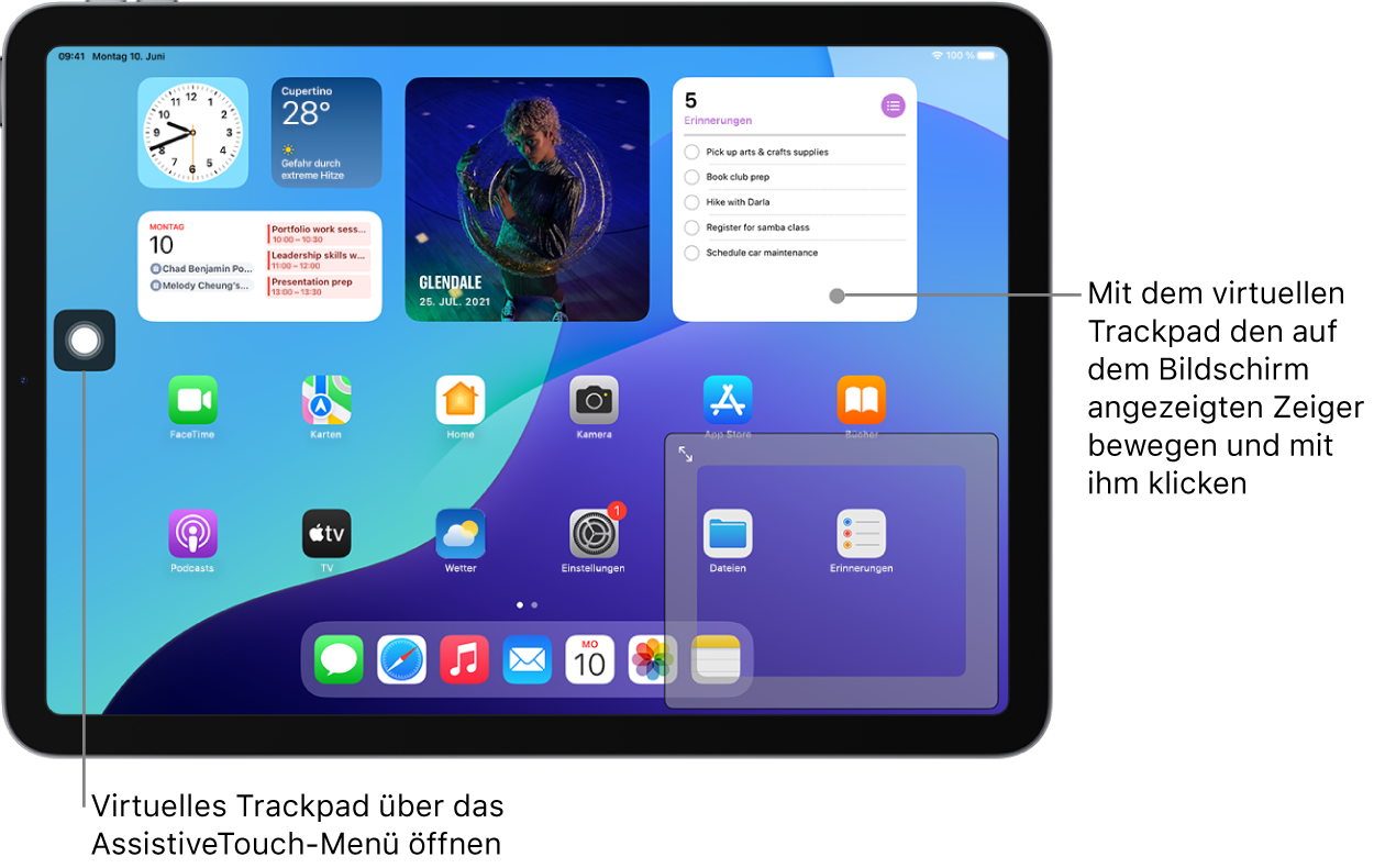 Ein iPad zeigt ein virtuelles Trackpad in der Bildschirmecke. Auf dem Bildschirm wird auch das Menü „AssistiveTouch“ (das zum Öffnen des Trackpads verwendet wird) und der Zeiger (der vom Trackpad gesteuert wird) angezeigt.