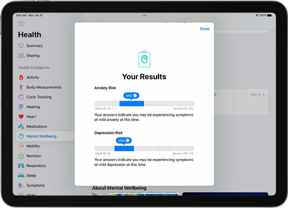 A screen in the Health app showing results of a mental health questionnaire.