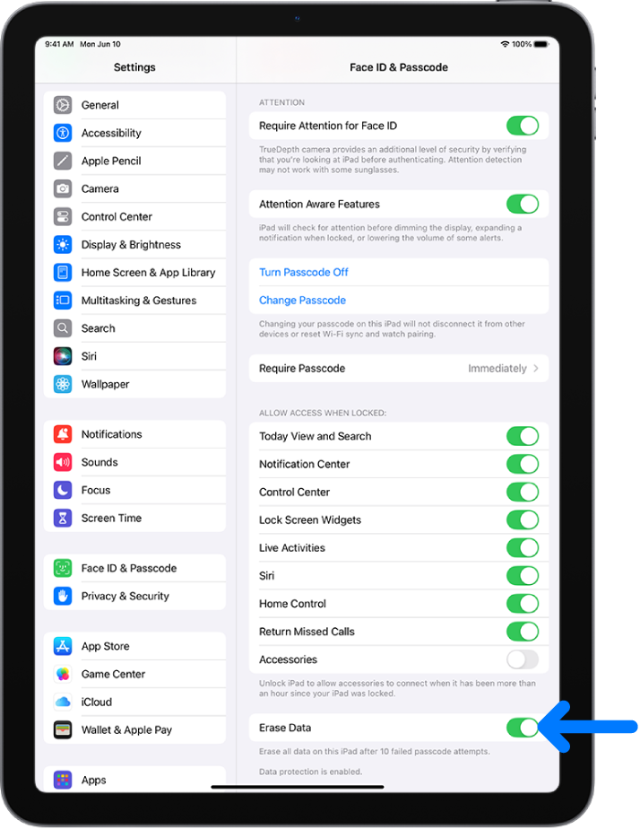 The Erase Data control, located at the bottom of the Face ID & Passcode screen in Settings.