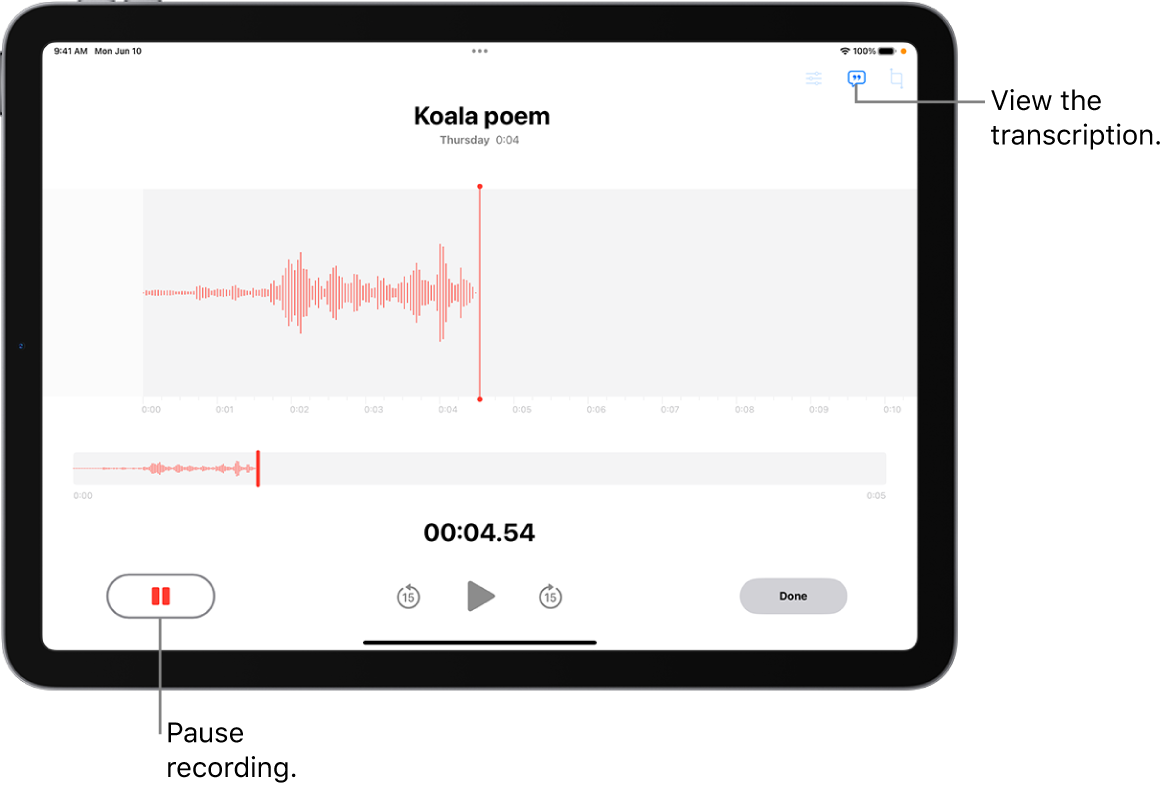 A Voice Memo recording, showing a waveform of the recording that’s in progress, along with a time indicator, a button to pause the recording, and a button to view the transcription.