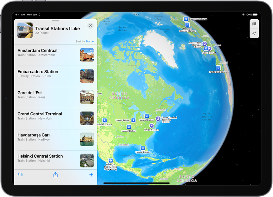 A custom guide created in Maps on iPad showing a list of places on the left and their locations marked on the map on the right.