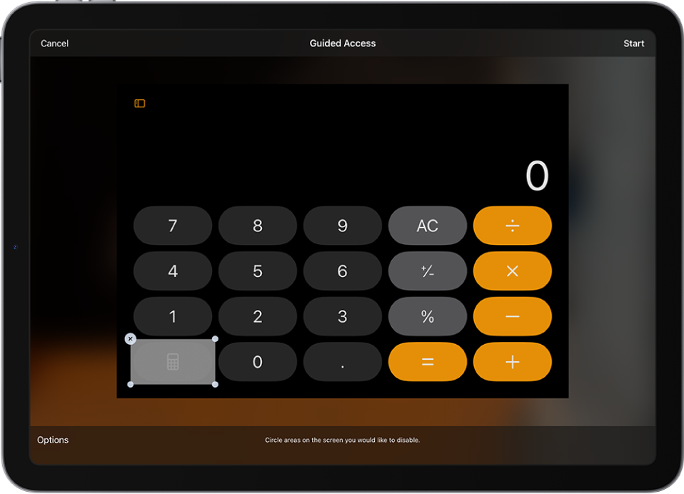 An iPad screen showing Guided Access being set up. iPad is being temporarily locked to just the Calculator app, and one of the buttons in the app has been disabled.