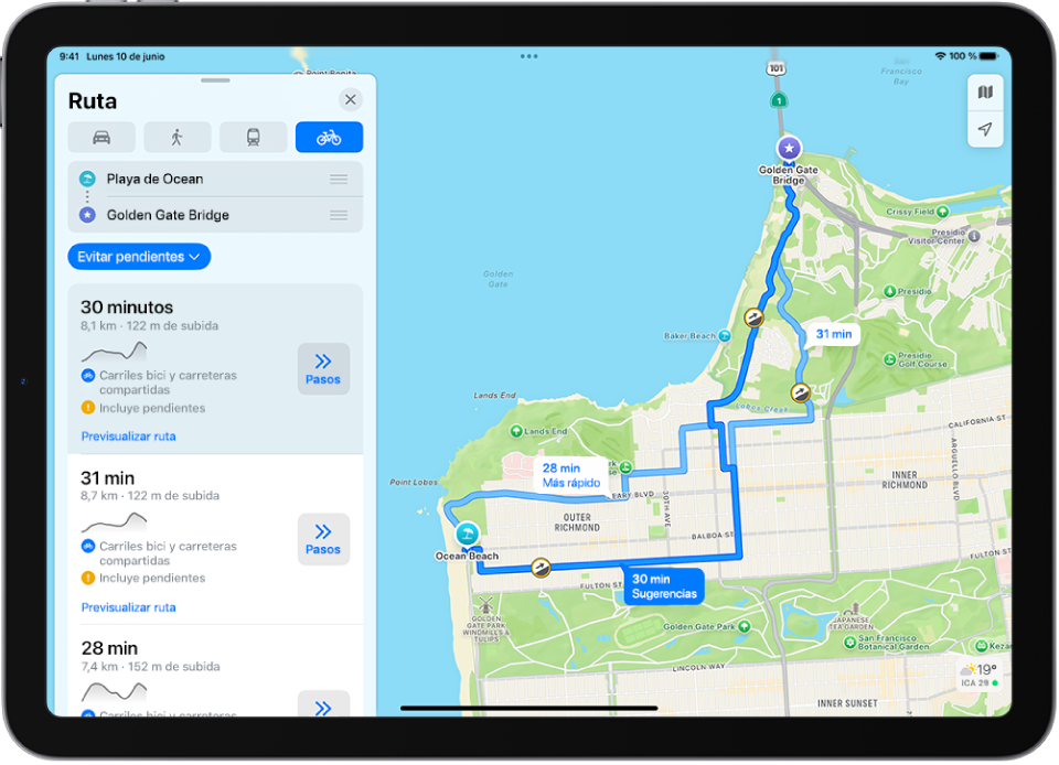 Un mapa muestra varias rutas en bici, cada una con un botón Pasos.